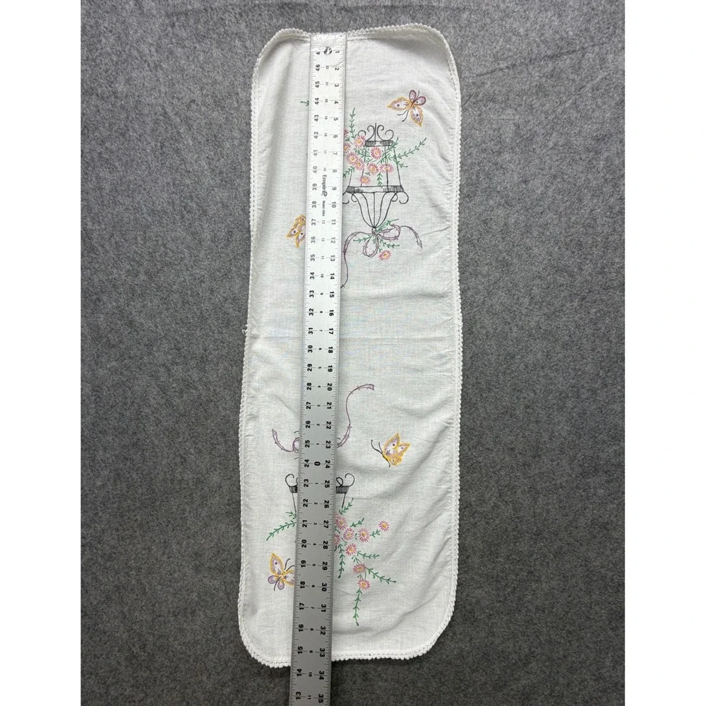 Vintage Embroidered Birdcage Butterfly Table Runner Crocheted Lace Trim 34x12.5
